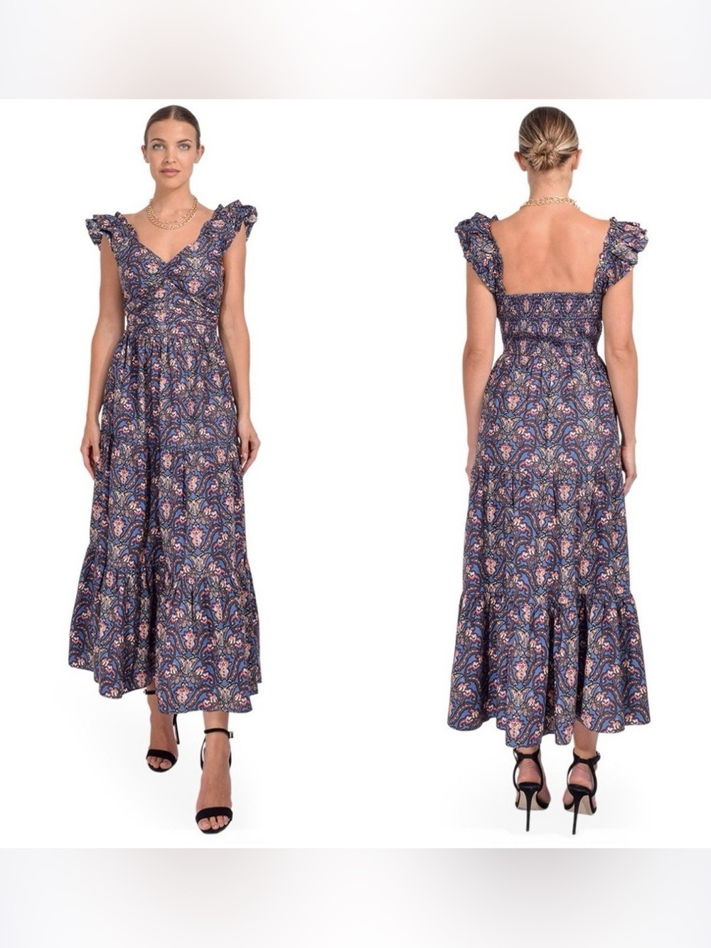 CAROLINE CONSTAS Floral Cotton Poplin Ruffled Maxi Dress Sz Large